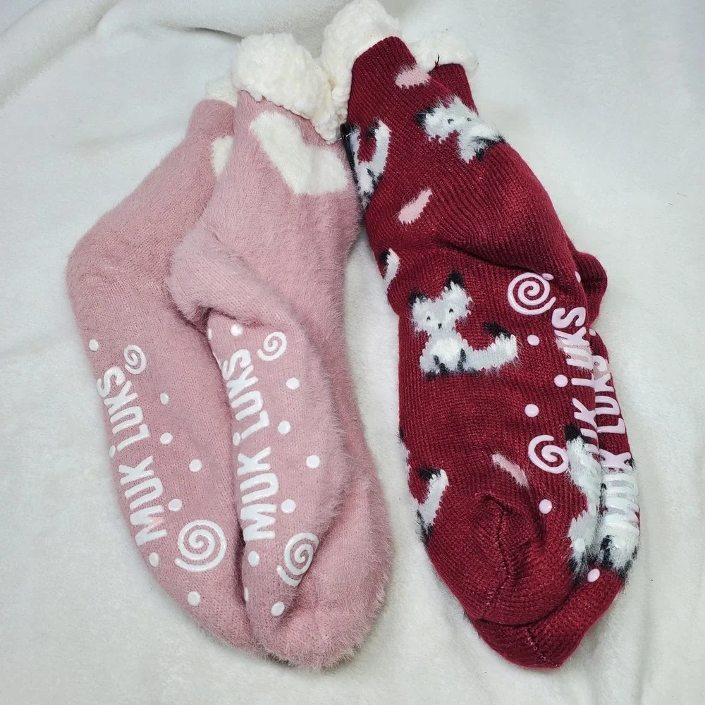Muk Luks Women Cabincore Faux‎ Sherpa Non-Skid Socks 2 Pair Animal Fox & Solid
